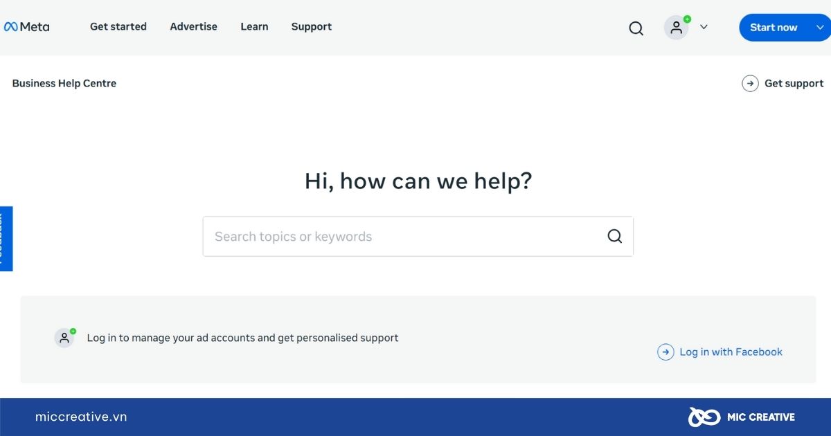 Giao diện trung tâm hỗ trợ của Facebook Business