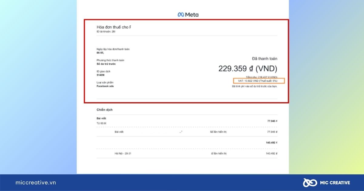 hóa đơn quảng cáo facebook