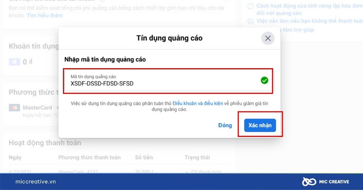 mã tín dụng quảng cáo facebook là gì