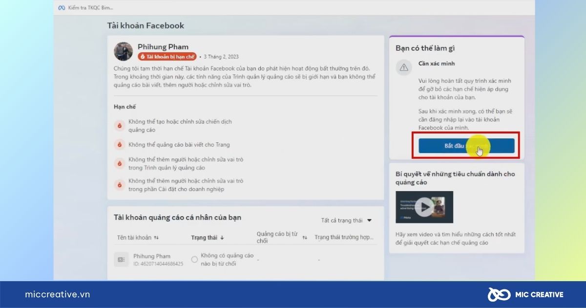 xác minh tài khoản quảng cáo facebook