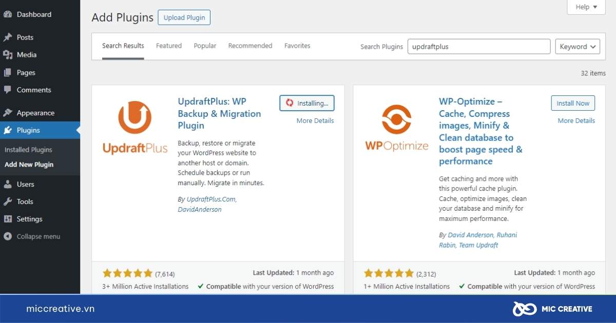 sao lưu trang web WordPress