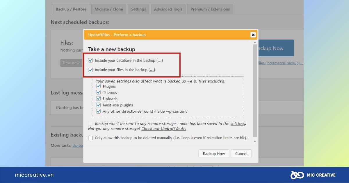 sao lưu trang web WordPress