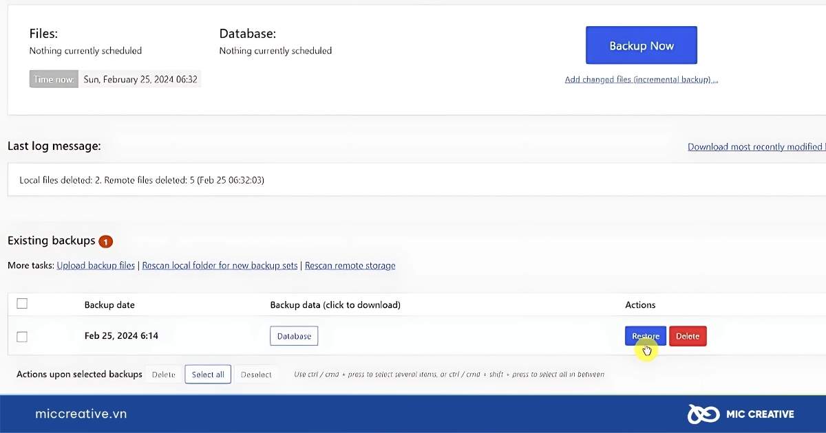 sao lưu trang web WordPress