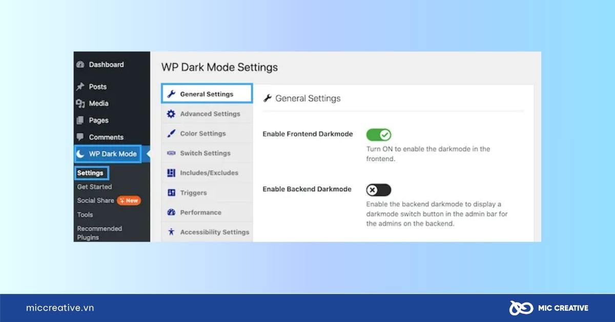 Công tắc “Enable Frontend Darkmode” đã được bật mặc định.