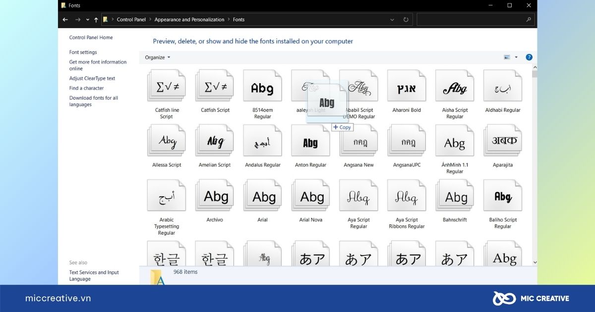 Kéo thả trực tiếp font vào trong thư mục Font trên Windows
