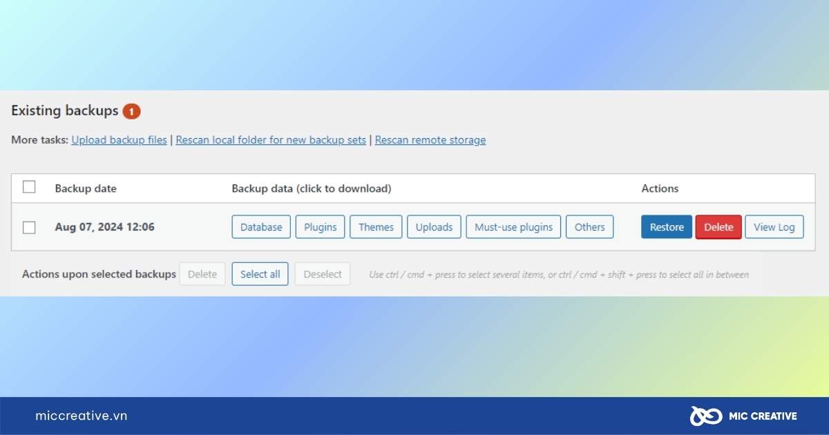 sao lưu trang web WordPress