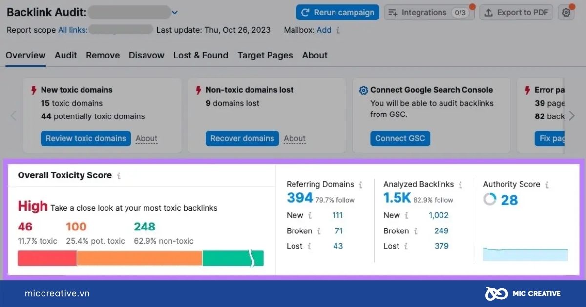 Kiểm tra Toxic Score trong “Backlink Audit”