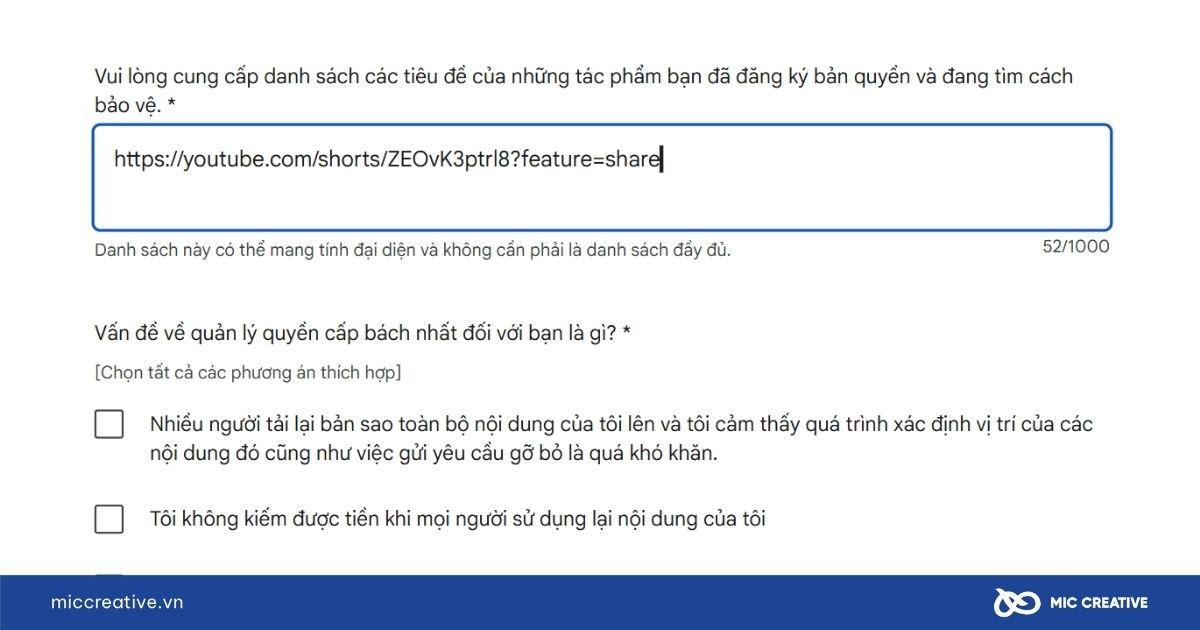 Nhập danh sách các video cần đăng ký quyền sở hữu