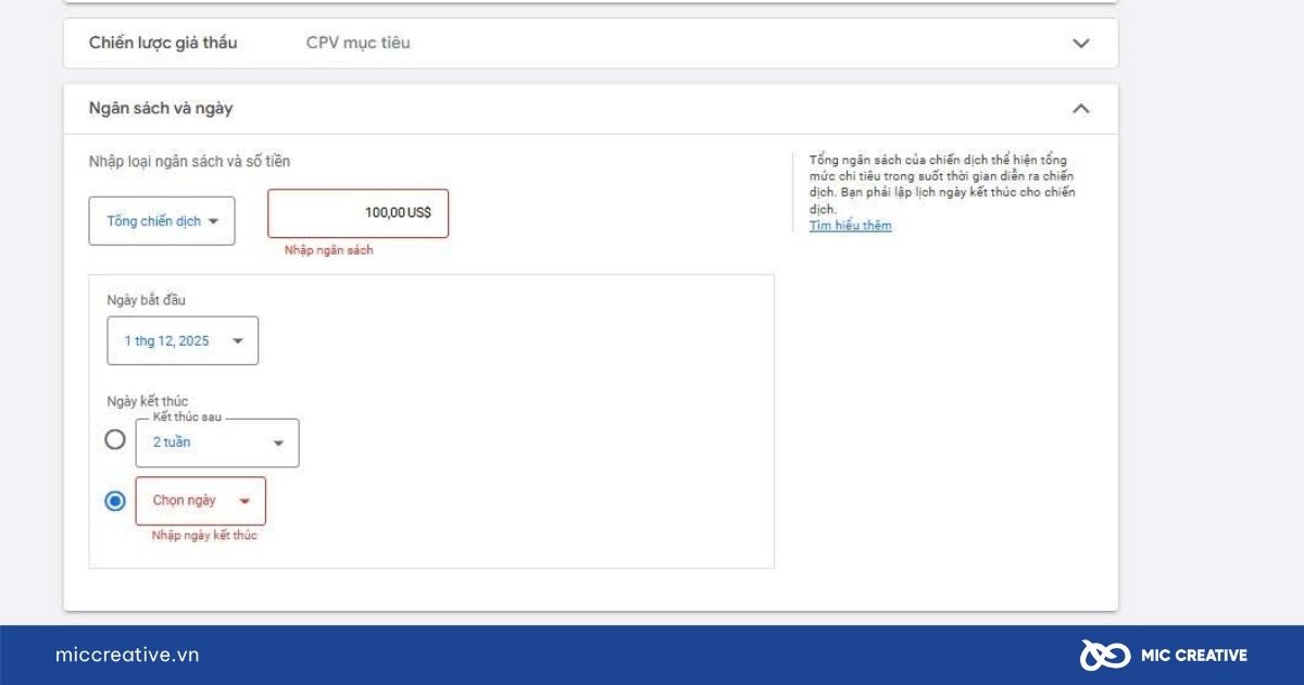 Chọn ngày bắt đầu và ngày kết thúc
