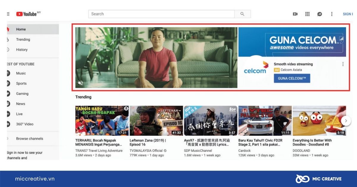 Masthead Ads xuất hiện ở đầu trang chủ Youtube
