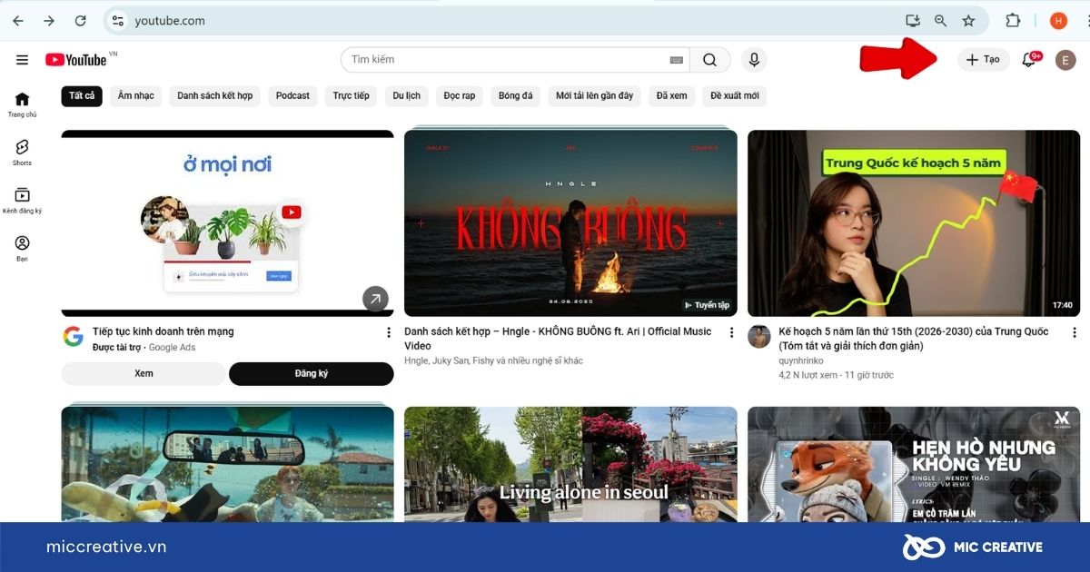 Mở ứng dụng Youtube và tạo video shorts 