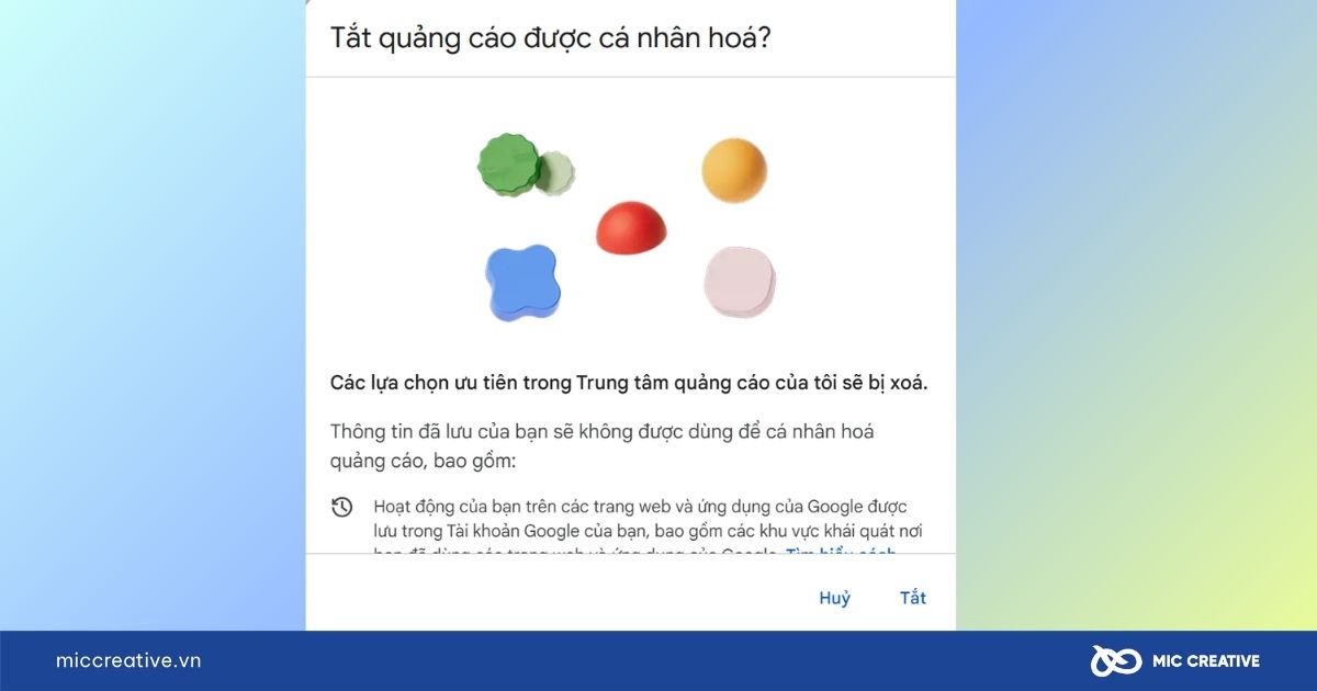 Tại mục “Quảng cáo cá nhân hóa”, gạt công tắc từ BẬT sang TẮT